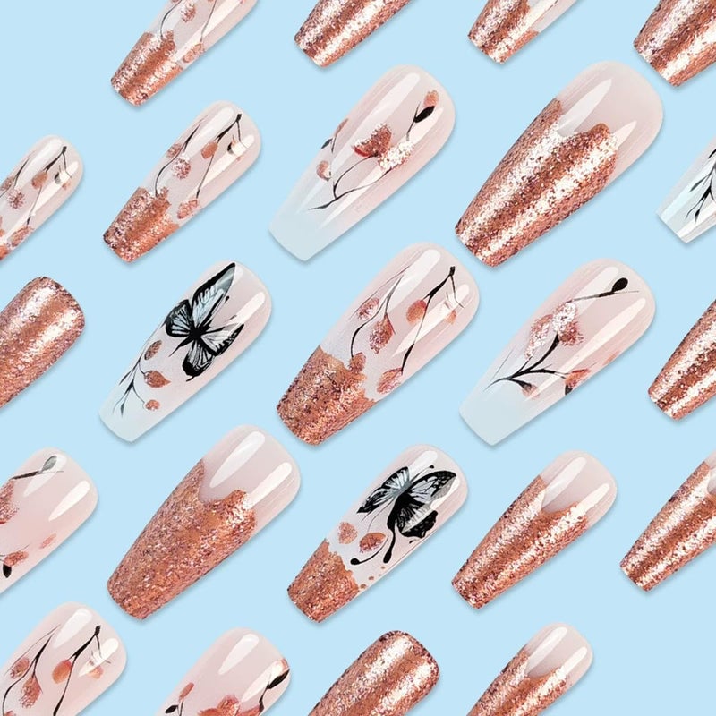 juggssa Long Press on Nails Coffin French Fake Nails with Butterfly Leaf Print Designs Acrylic Nails Press on Glitter French Glue on Nails Gradient False Nails with Glue Spring Stick on Nails for Women 24PCS - Image 3